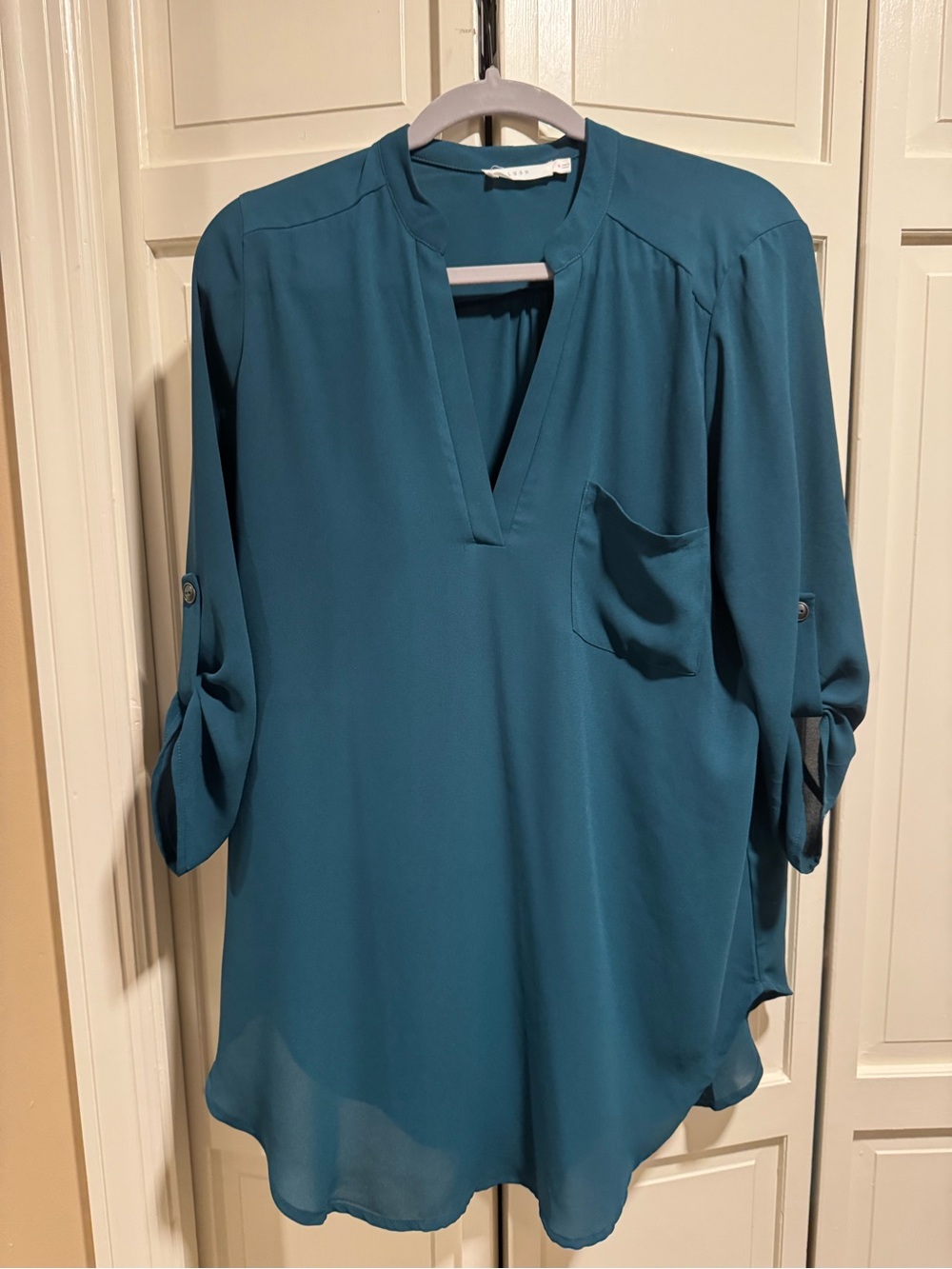 Lush Teal Split-Neck Roll-Sleeve Tunic
